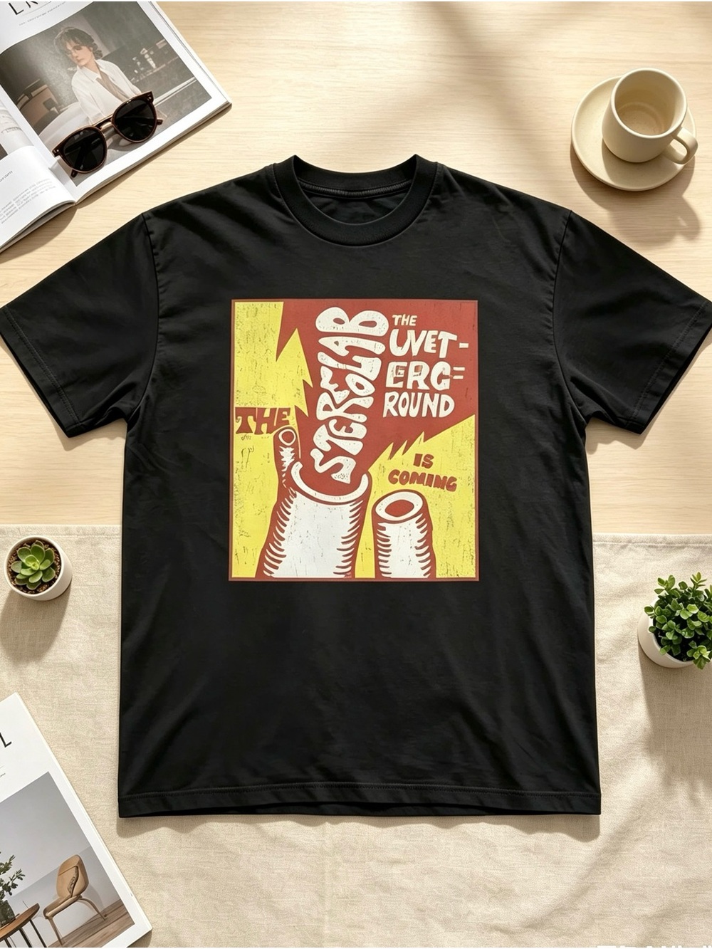 Black Short-Sleeve Graphic Tee with Yellow & Red Retro Print